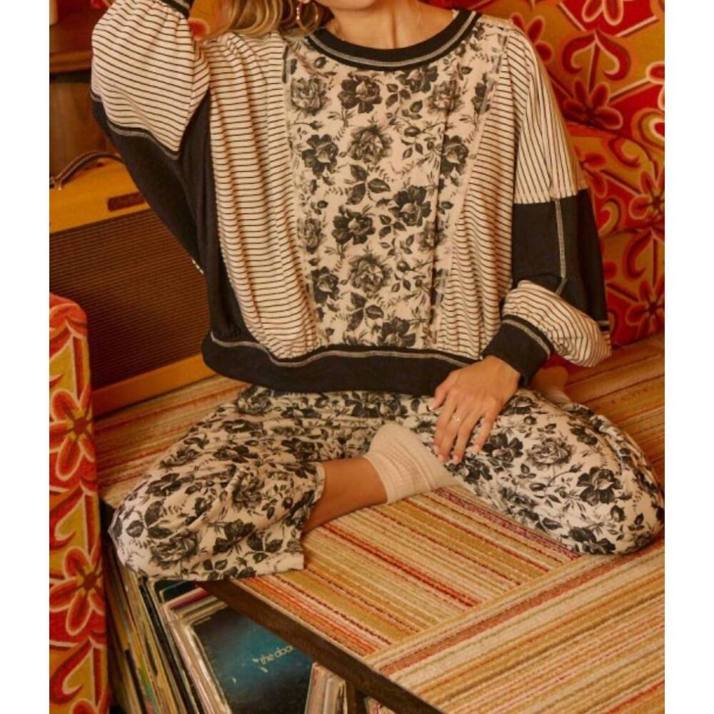 NEW BIBI rose twill and stripe mix and match top in grey/black - Picture 4 of 4